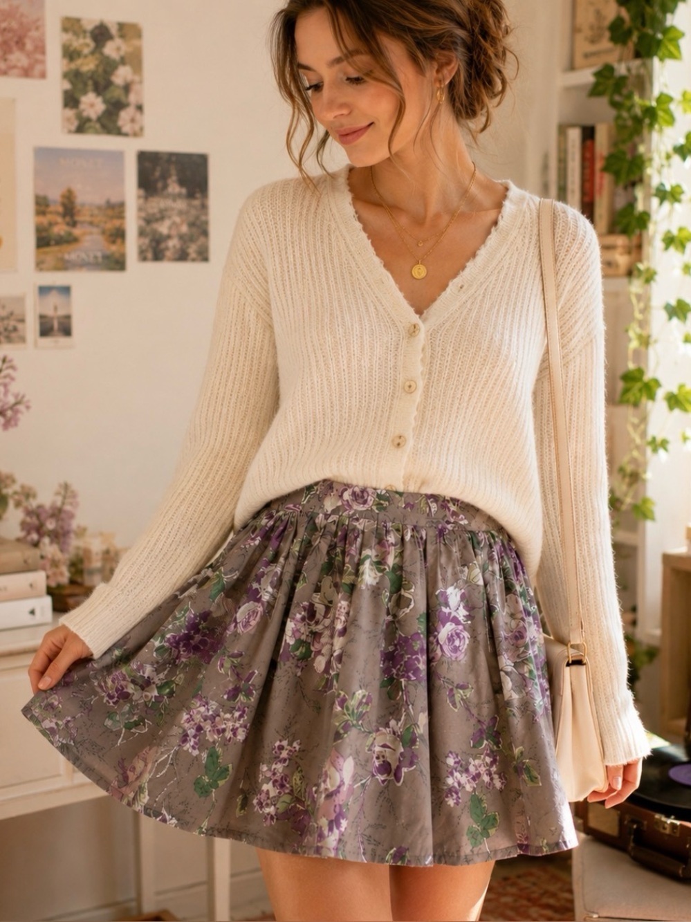 Urban Outfitters Lux Purple Floral Rose Print Skater Skirt Size 11